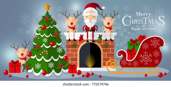 Christmas Santa Claus , reindeer background in flat style.