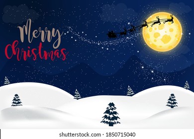 Christmas with Santa Claus and Reindeer flying. Christmas greeting Card Graphics Christmas Landscape at night. Christmas trees and snow landscape. background with moon and the silhouette.