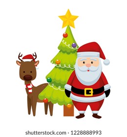 christmas santa claus with reindeer and pine tree