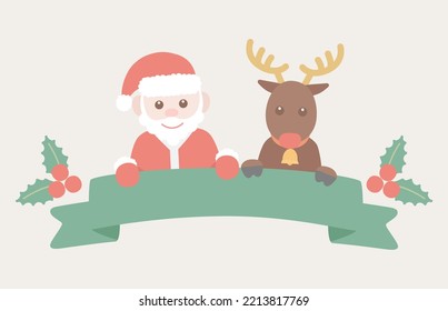 Christmas Santa claus and reindeer with ribbon title label illustration