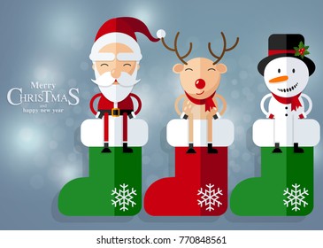 Christmas Santa Claus , reindeer and snowmen background in flat style.
