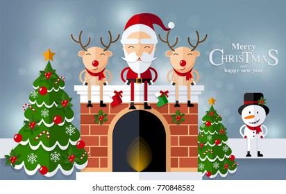 Christmas Santa Claus , reindeer and snowmen background in flat style.