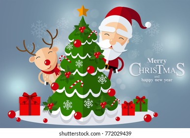 Christmas Santa Claus , reindeer and snowmen background in flat style.