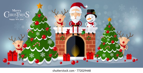 Christmas Santa Claus , reindeer and snowmen background in flat style.