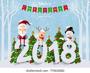 Christmas Santa Claus , reindeer and snowmen background in flat style.