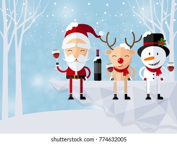 Christmas Santa Claus , reindeer and snowmen background in flat style.