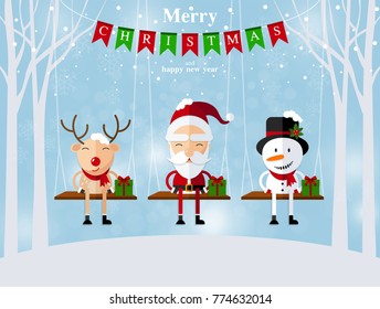 Christmas Santa Claus , reindeer and snowmen background in flat style.