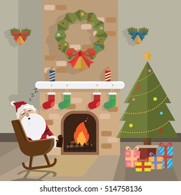 Christmas santa claus relax fireplace room vector