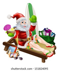 Christmas Santa Claus relaxing on the beach or by the pool wearing Bermuda or Hawaiian board shorts and flip flop sandals and enjoying a drink surrounded with his holiday items, gifts and surf board.