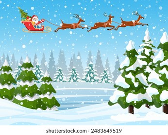 Christmas Santa Claus riding on sleigh with Christmas Reindeer on a sleigh. concept for greeting or postal card, vector illustration. Merry christmas holiday. New year and xmas celebration