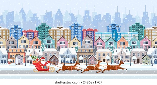 Christmas Santa Claus riding on sleigh with Christmas Reindeer on winter city street. seamless border panorama with a winter cityscape. vector illustration