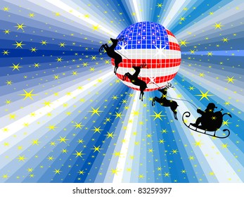 Christmas Santa Claus riding on sleigh with reindeer and american mirror ball