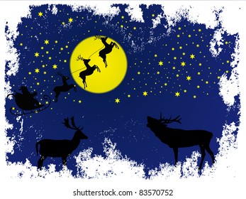 Christmas Santa Claus riding on sleigh with reindeer and deer