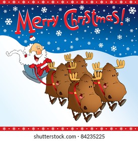 Christmas Santa Claus riding on sleigh with reindeers by snow. Vector illustration