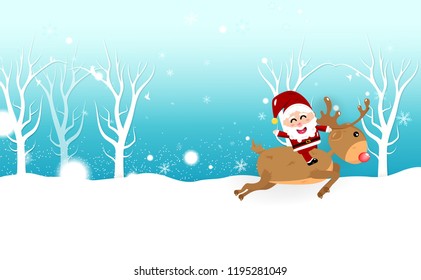 Christmas, Santa Claus riding reindeer cartoon, snowflakes fall, winter holiday season card banner, celebration abstract background vector illustration