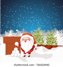 Christmas Santa Claus with round white snowballs. The roof of the house and the chimney. Cute vector character.