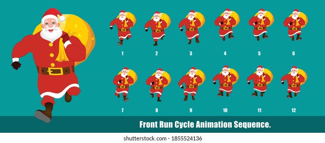 Christmas Santa Claus Run Cycle Animation with gift sack, Loopable Run cycle animation of Christmas Santa Claus, Santa Claus Running With gifts animation sequence for animation