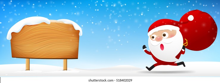 Christmas Santa Claus runing and holding red bag on falling snow background with copy space vector illustration eps10 