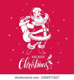 Christmas Santa Claus and Sack with Presents- Merry Christmas Wordings - Christmas Isolated Vector Illustration 