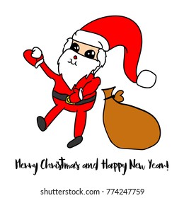 Christmas Santa Claus with sack and snowball styled as minimalistic childish drawing