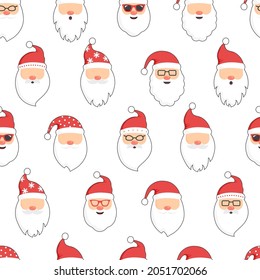 Christmas Santa Claus seamless pattern, cartoon cute head characters, red Santa hat, New Year fun background, vector winter holiday illustration