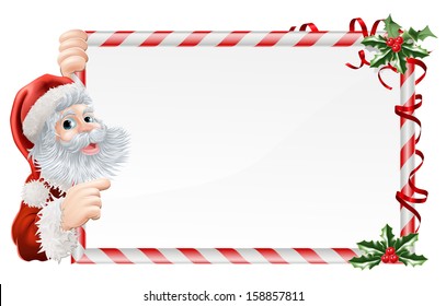 Christmas Santa Claus Sign illustration with Santa peeping round a sign decorated with Christmas Holly sprigs