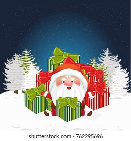 Christmas Santa Claus sits in a big pile of presents. Spruce winter forest. Cute vector character