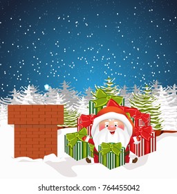 Christmas Santa Claus sitting in a pile of presents. The roof of the house and the chimney. Cute vector character.