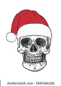 Christmas Santa Claus skull hand drawn vector illustration isolated on white background.