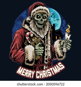 christmas santa claus skull zombie holding candle at midnight