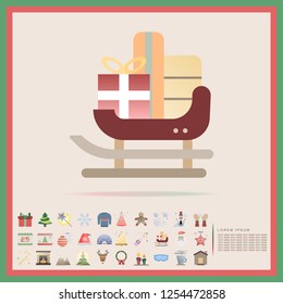Christmas Santa Claus sled flat design icon set, vector, illustration