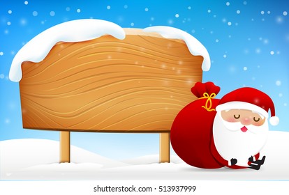 Christmas Santa Claus sleeping in front of big blank wooden sign with copy space vector illustration eps 10