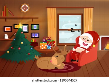 Christmas, Santa Claus sleeping with reindeer in home, flat interior, good night poster, postcard, winter holiday season background vector illustration