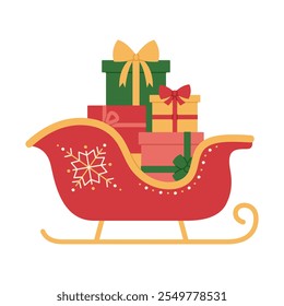 Christmas Santa Claus sleigh with gift boxes with bows. Holiday presents in red and yellow sledge with snowflake. Xmas and New Year celebration. Vector flat illustration isolated on white background