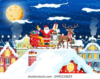 Christmas Santa Claus sleigh with gifts boxes with bows on roof. Holiday presents in sledge. Happy new year decoration. Merry christmas holiday. New year and xmas celebration. Flat vector illustration