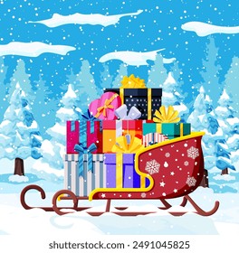 Christmas Santa Claus sleigh with gifts boxes with bows. Holiday presents in sledge. Happy new year decoration. Merry christmas holiday. New year and xmas celebration. Flat vector illustration