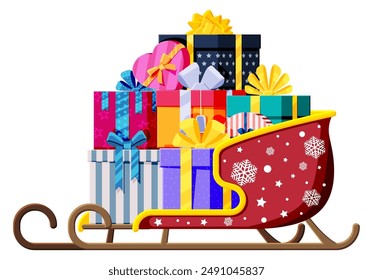 Christmas Santa Claus sleigh with gifts boxes with bows. Holiday presents in sledge. Happy new year decoration. Merry christmas holiday. New year and xmas celebration. Flat vector illustration