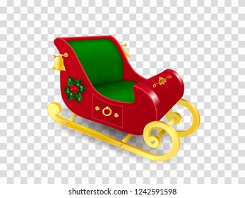 Christmas Santa Claus sleigh with gold skids decorated with holly leaves and berries, ornament and golden bells. Realistic Vector 3D Illustration isolated on transparent background.