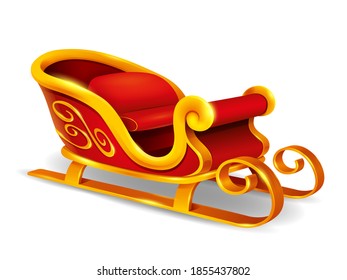 Christmas Santa Claus sleigh. Red and golden sleigh isolated on white background.