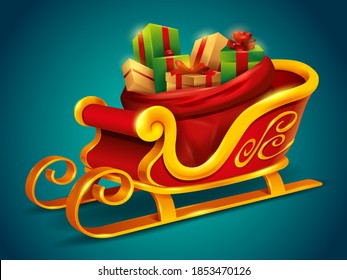 Christmas Santa Claus sleigh with sack bag loaded with gift box presents. Isolated.