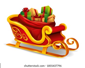 Christmas Santa Claus sleigh with sack bag loaded with gift box presents. Isolated.