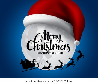 Christmas with santa claus in sleigh vector background design. Merry christmas and happy new year greeting text with santa claus in sleigh riding with reindeer in moon with santa hat in blue night.