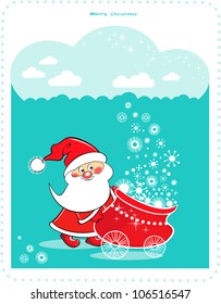 Christmas Santa Claus with snowflakes sky  - vector illustration.