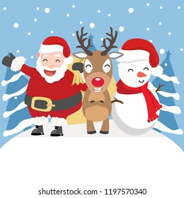 Christmas Santa Claus ,Snowman and reindeer with tree background