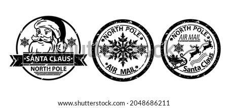 Christmas Santa Claus stamp vector set, winter North Pole mail postage, holiday vintage letter sign. X-mas grunge postcard label, snowflake symbol silhouette reindeer delivery tag. Christmas ink stamp