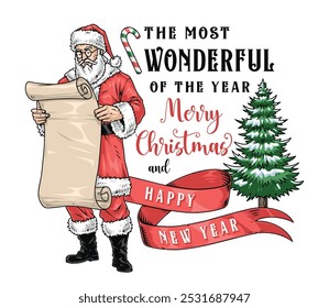 Christmas Santa Claus sticker colorful with good wizard near fir and inscription most wonderful New Year vector illustration