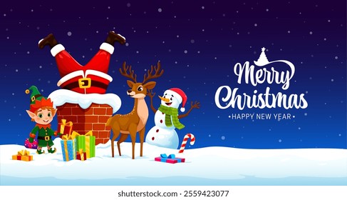 Christmas Santa Claus stuck in building chimney for winter holiday greetings, vector background. Santa stuck in chimney upside down with gifts and funny cartoon reindeer, snowman and elf characters