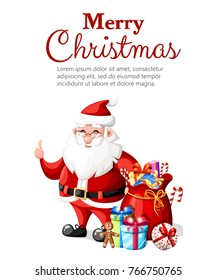 Christmas Santa Claus with thumb up gesture with red hat and gifts holiday character vector illustration isolated on white background with place for your text web site page and mobile app design.