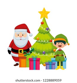 christmas santa claus with tree and elf