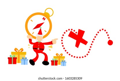 christmas santa claus use compass to map mark treasure gift cartoon doodle flat design style vector illustration